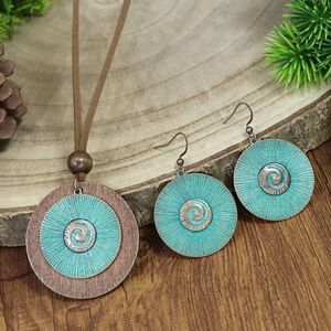 Vintage Wood Round Bronze Alloy Double Layer Pendant & Earrings